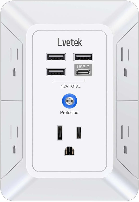 5 Outlet Extender Multi Plug Wall Outlets with 4 USB Charging Ports (1 USB C Outlet), 3 Sided 1680J Surge Protector Power Strip USB Wall (White)