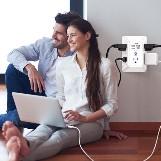 5 Outlet Extender Multi Plug Wall Outlets with 4 USB Charging Ports (1 USB C Outlet), 3 Sided 1680J Surge Protector Power Strip USB Wall (White)