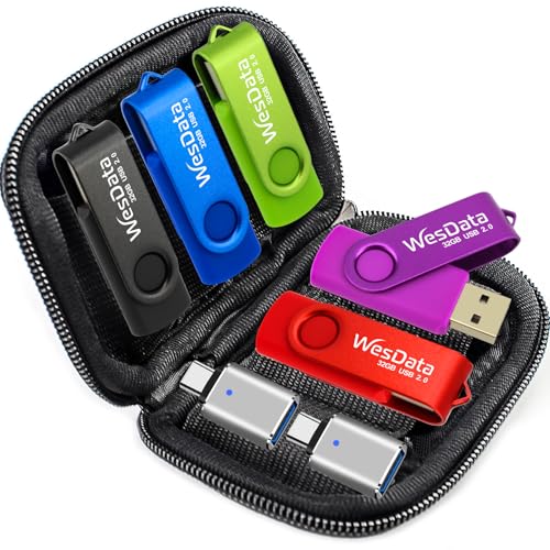 5 Pack 64GB USB Flash Drive and 2 Pack USB C Adapters in a Case, Thumb Drives Memory Stick Storage and Backup for Smart Phones with Type C Port