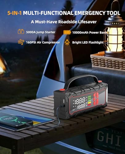 5000A Car Battery Jump Starter with Air Compressor 160PSI, Car Battery Charger 7.0L Gas/6.0L Diesel