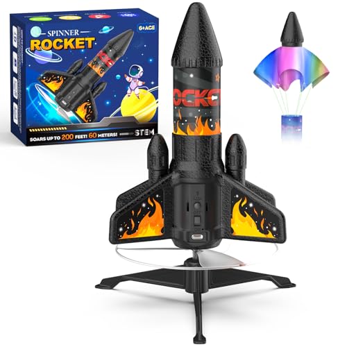 Rocket Launcher for Kids, 200 ft Self Launching Motorized Rocket Toy with LED and Safety Parachute Land, Outdoor Toys Cool Birthday for Boys Ages 8-12 (Orange)