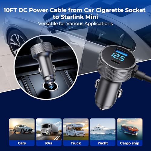 Starlink Mini Cable, 3 in 1 Starlink Mini Car Charger DC Power Cable+ Cigarette Lighter Adapter 12V-48V with Digital Display, Durable USB C PD 40W and USB A 35W Ports for Trucks and Cars (10FT)