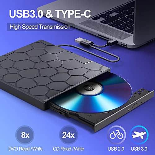 External CD/DVD Drive for Laptop, DVD Player for Laptop, 8 in 1 USB 3.0 Ultra-Slim Portable, CD Burner External Disk Drive Optical Compatible with Desktop Mac,Windows 11/10/8/7 Linux