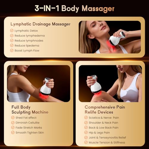 Red Light Lymphatic Drainage Massager Anti Cellulite Massage Tool | Microcurrent Electric Heat Vibration, Reduce Cellulite Stretch Marks, Skin Tightening, Full Body Leg Belly Stomach Massage