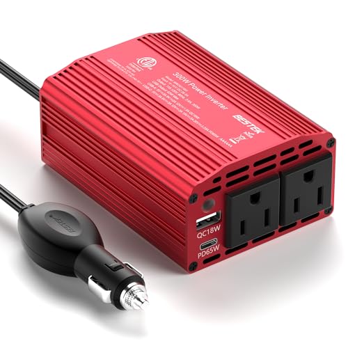 BESTEK 300W Power Inverter with 65W USB-C QC3.0 Ports - 12V DC to 110V AC Car Converter Charger for Vehicles - 11V-17V Aluminum Housing Car Plug in Cigarette Lighter Adapter Outlet for Laptop