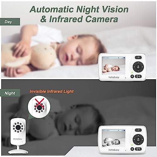 HelloBaby HB30 Video Baby Monitor with Digital Camera and Audio, No WiFi No App Safety Baby Monitor, 8 Languages, Auto Night Vision, 1000ft Transmission Range, 2.4 inch Portable Screen