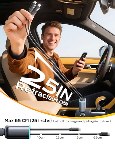 iPhone Car Charger, Retractable Fast USB C Phone Charger, 4 in 1 Cigarette Lighter Adapter with 2 Cables 25 Inch and 2 USB Ports, Multi Port USB Car Charging for iPhone 17/16/15/14/13/Pro Max