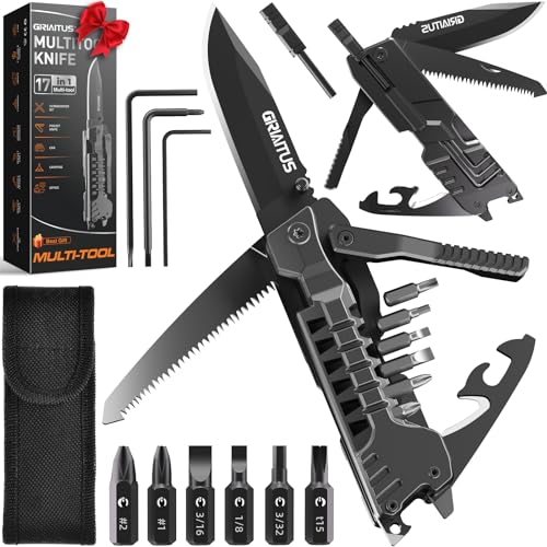 17 in 1 Multitool Knife Fire Starting Stick Bottle Opener Saw for Camping | Screwdrivers Whistle Window Breaker for Hiking, Outdoor, Survival and Everyday Use Gifts for Men Dad