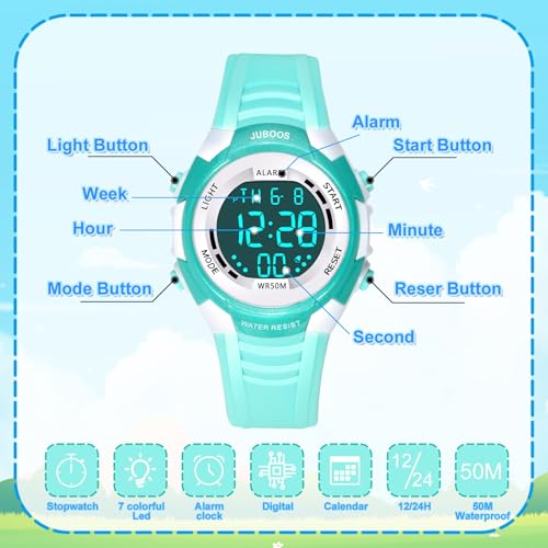 Juboos Kid's Digital Watch for Boys and Girls, Waterproof LCD Digital Sports Kids Watch with 7 Color LED Lights, Stopwatch, Alarm