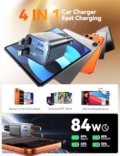 [2026 Ultra-Compact] JOYROOM Retractable Car Charger 84W Car Charger USB C for iPhone 16 17 Fast Charging, Car Accessories, Car Adapter Travel Essentials Gifts for Women Men, for iPhone 17 16 15 14 13