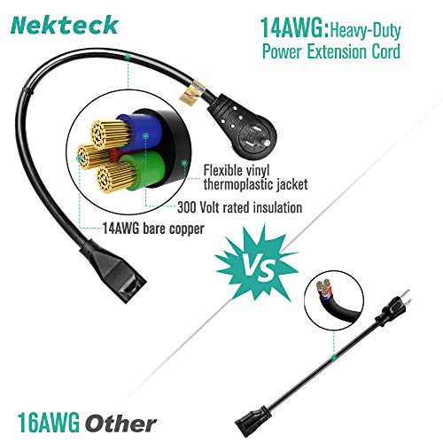 Nekteck 360° Rotating Flat Plug Extension Cord 1 Foot, 14AWG 3 Prong Extension Cord, Low Profile Right Angle Power Cord, Flat Extension Cord Grounded Wire, 15A - UL Certified, Black