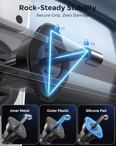 2-in-1 15W Magsafe Car Mount Charger, Magnetic Wireless Car Charger, 360° Dashboard & Air Vent Phone Mount, Phone Holders for Your Car, Car Accessories for Men Women for iPhone 17-12