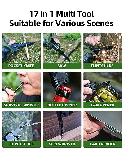 17 in 1 Multitool Knife Fire Starting Stick Bottle Opener Saw for Camping | Screwdrivers Whistle Window Breaker for Hiking, Outdoor, Survival and Everyday Use Gifts for Men Dad