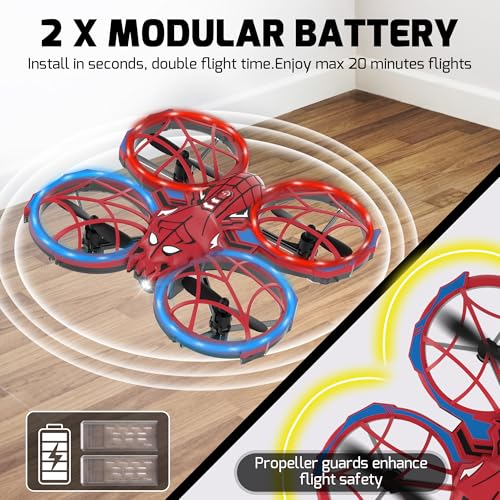 Spider Mini Drone for Kids with Altitude Hold and Headless Mode, 2 Batteries, Full Propeller Guards, 3 Lighting Effects, 360° Flips, 3 Speeds, Birthday Gifts Toys for Beginners Boys Girls