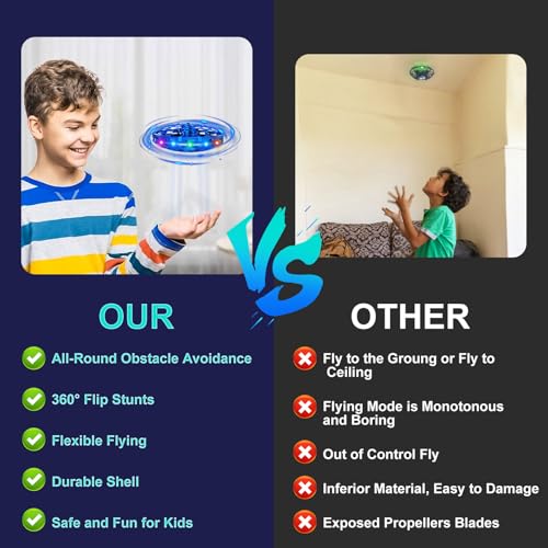 Hand Operated Flying Toy Drone for Kids, 360° Hands Free Motion Sensors Mini Drone with Cool LED Lights, Easy Indoor Small UFO Toy Flying Ball Drone for 6 7 8 9 10+ Year Old Boys and Girls (Blue)