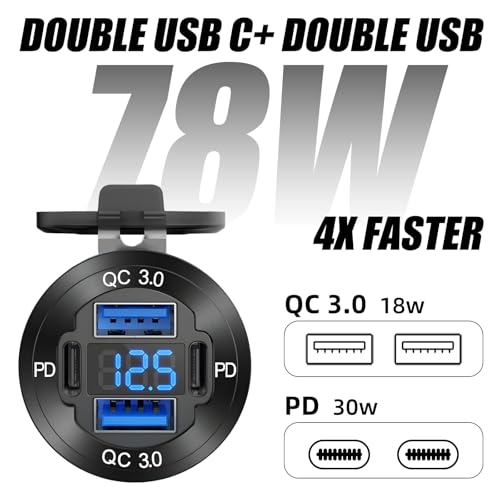 Upgraded 4 Port 12V USB Outlet, 78W Dual PD & QC Aluminum Alloy USB Ports with LED Voltmeter Waterproof for Cars, Cigarette Lighter Replacement 12V Socket for Boats RV Trucks and Motorcycles