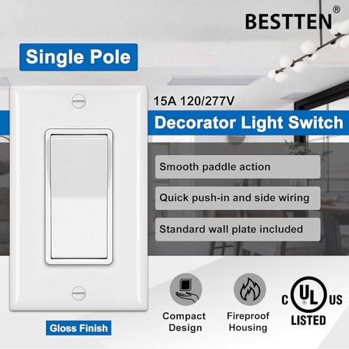 BESTTEN 10 Pack Single Pole Decorator Light Switch with Wallplate, 15A 120/277V, Rocker Paddle Wall Switch, On/Off Interrupter for LED and Other Lamps