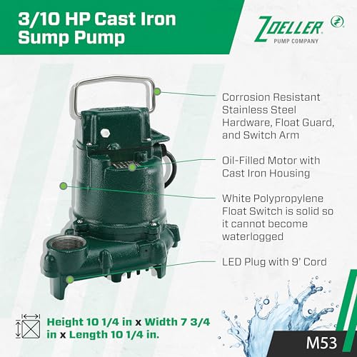 Zoeller M53 Mighty-mate Submersible Sump Pump, 1/3 Hp