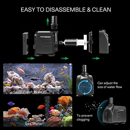 VIVOSUN 480GPH Submersible Pump(1800L/H, 25W), Ultra Quiet Water Pump with 7.2ft High Lift, Fountain Pump with 5ft Power Cord, 3 Nozzles for Fish Tank, Aquarium, Statuary, Hydroponics Black