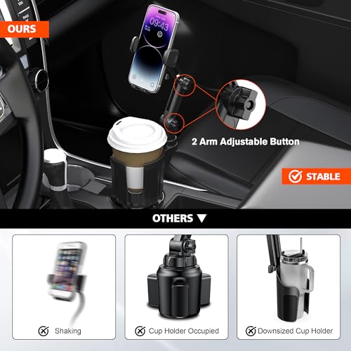 Newlest 2 in 1 Phone Mount for Car Cup Holder with Adjustable Base, Holders for Car Cupholder, No Shaking 360° Flexible Neck Phone Mount for All 4-7” Smartphones, Cup Holder for Most Bottles