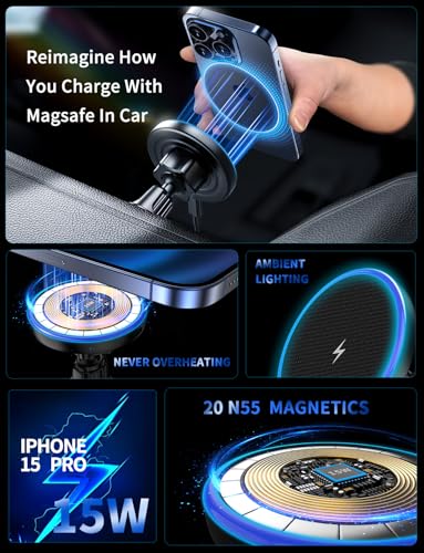 MagSafe Car Mount Charger, 3 in 1 [LED RGB HandsFree] Wireless Car Charger, Magnetic Phone Holders for Your Car- Fast Charging Car MagSafe Charger for iPhone 17/16/15/14/13/12 Series, for Men Women