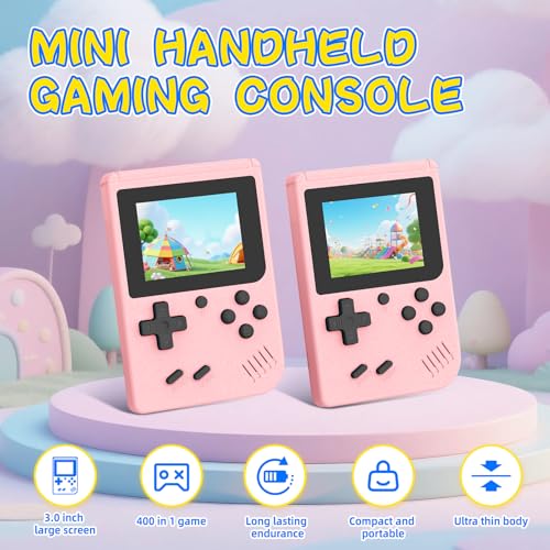 Retro Gaming Console, Built-in 400 Classic Retro Game Console, 3.0 Inch IPS Screen Retro Handheld Game Console, 1020mAh Rechargeable Battery, Portable Arcade Video Gaming Console (Pink)