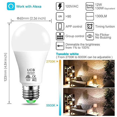 UCB Alexa Light Bulb 130W Equivalent, Smart Light Bulbs Warm White to Daylight Tunable, A19 E26 Bluetooth LED Bulbs Work with Alexa Only for Bedroom Kitchen Living Office No WiFi Required 4 Pack