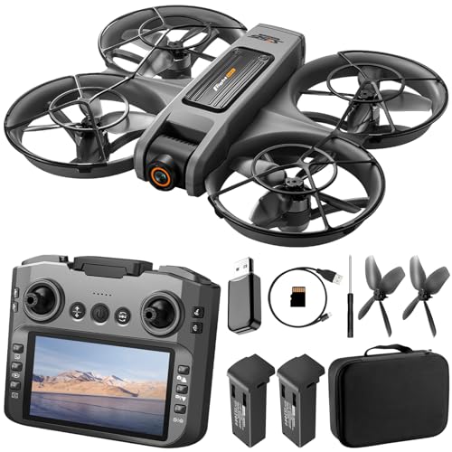 Drone with UHD Camera, Drone with Screen on Controller for Beginners, Remote Control Quadcopter with 2 Batteries, One Key Start, Easy to Fly, Altitude Hold, 3D Flips, Carrying Case （Dark Gray）