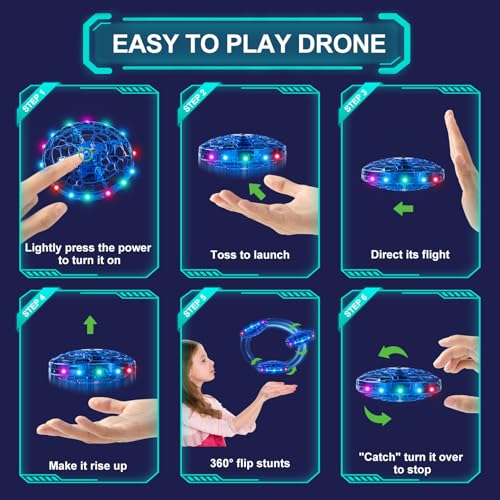 Hand Operated Flying Toy Drone for Kids, 360° Hands Free Motion Sensors Mini Drone with Cool LED Lights, Easy Indoor Small UFO Toy Flying Ball Drone for 6 7 8 9 10+ Year Old Boys and Girls (Blue)
