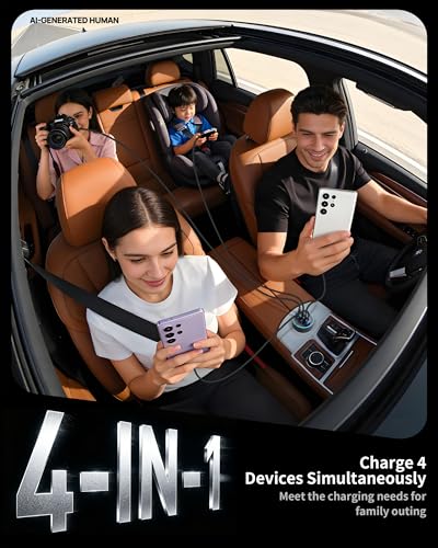 Car Charger USB C Fast Charge, 90W 4-Port Car Phone Charger Super Fast Charging Dual USB-C & USB-A Cigarette Lighter Adapter with 240W Type C Cable for Samsung Galaxy S26/S25/S24/ S23, Pixel, Android