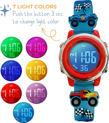 Preschool Collection Kids Digital Light Up Watch - Monster Trucks, Dinosaurs, Shark, Unicorn, Butterfly, Spider - Girls, Boys, Children, School
