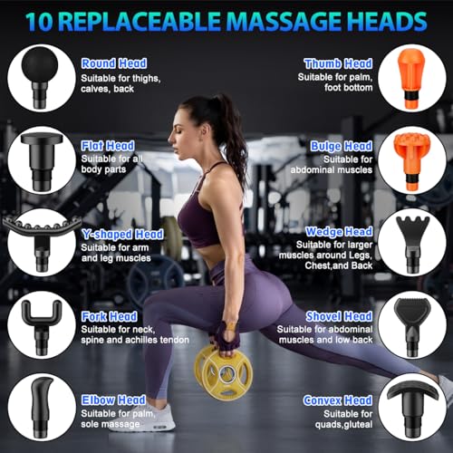 TOLOCO Massage Gun, Percussion Muscle Massager with 10 Massage Heads & Silent Brushless Motor, Adjustable Speeds, Portable Handheld Design – Black