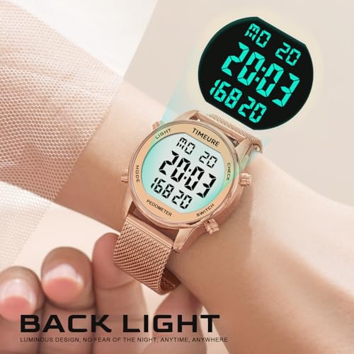 TIMEURE Pedometer Watch for Women, Step Counter Watch, No App or Charging | No App No Charging, with step, calorie and distance tracking, a steel mesh band and up to 12 months of use