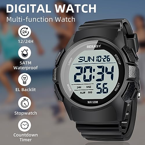 Beeasy Mens Digital Sports Watch, 50M Waterproof 49mm Rubber Strap Mens Watches with Stopwatch, Countdown Timer, Alarm & Dual Time—Ideal for Sport, Gym, Running, Referee, School & Daily Wear