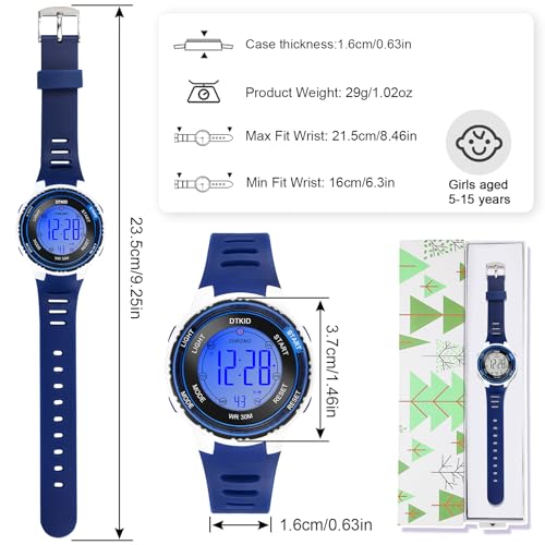 DTKID Digital Kids Watch 30 M Waterproof, 7 Color Lights Time Teaching Watch Easy to Read for Girls Boys 5-16