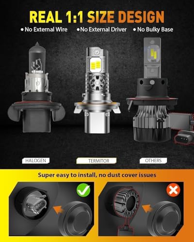 Latest H13/9008 LED Bulbs, 50,000LM Brightness High/Low Beam, 75000+ Hours Long Service Life, 6500K Cool White, Real 1:1 Halogen Size Exterior Light Bulbs, 3 Mins Plug N Play, Pack of 2