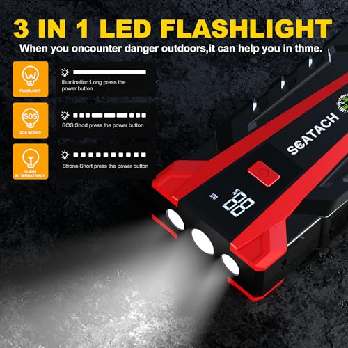 Scatach 3000A Car Battery Jump Starter,12V Jump Starter Battery Pack Portable (up to 9.0L Gasoline and 7.0L Diesel Engine), Jump Box with 3 Modes Flashlight and Jumper Cables