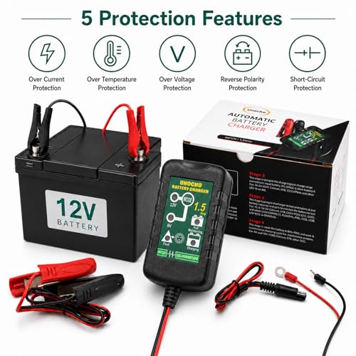 Unocho 6V/12V Battery Charger Maintainer 1.5A Automatic Trickle Charger Smart Float Charger for Car Motorcycle Lawn Mower Boat ATV Snowmobile Lead-Acid AGM GEL SLA VRLA WET Batteries