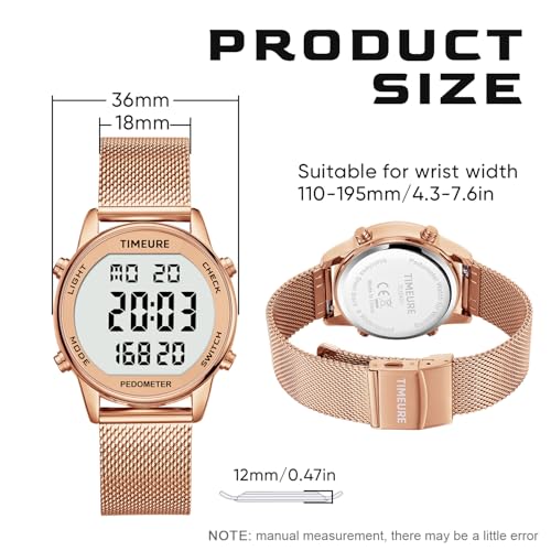 TIMEURE Pedometer Watch for Women, Step Counter Watch, No App or Charging | No App No Charging, with step, calorie and distance tracking, a steel mesh band and up to 12 months of use