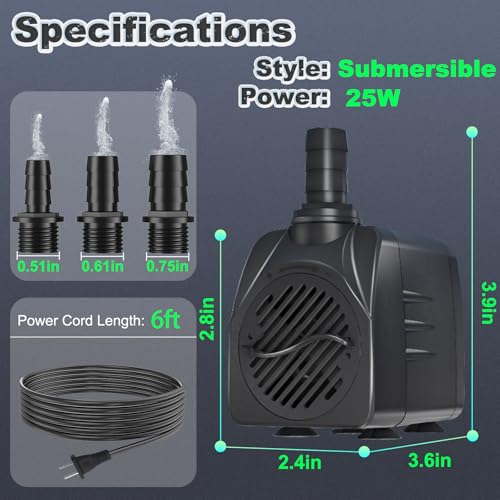 SongLong Submersible Pump 400GPH (1500L 25W) Ultra Quiet with Over Heating Protection 6.5ft High Lift for Fountains, Hydroponics, Ponds, Aquariums & More…
