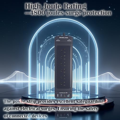 Surge Protector Power Strip/Heavy Duty 10ft Extension Cord with Multiple outlets/High Joules Protection (4800J)/18AC/1875W/15A/Usb A+C(PD20W),Flat Plug,Commercial,Industrial,Office,Home,Black