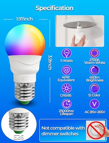ILC RGB LED Color Changing Light Bulb, 40W Equivalent, 450LM, 2700K Warm White 5W E26 Screw Base RGBW, Flood Light Bulb- 12 Color Choices - Timing Infrared Remote Control (4 Pack)