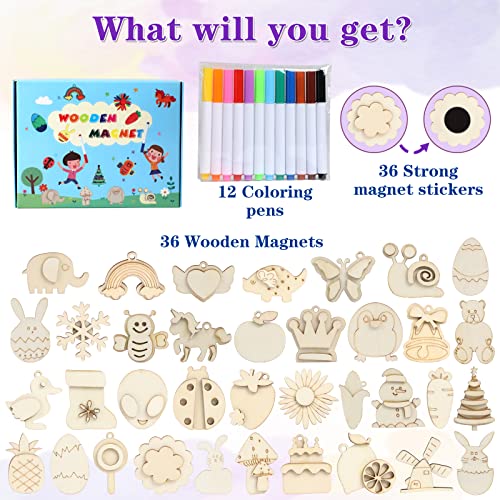 Worgree DIY Wooden Magnets, 36 pcs Wooden Art Craft Supplies Painting Kit for Kids Party Favors for Boys Girls Ages 4-8 8-12 Birthday Easter Crafts Gifts Toys Basket Goodie Bag Stuffers