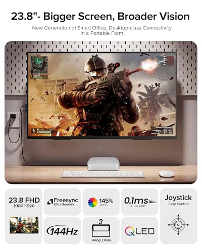 Portable Monitor 24” 144Hz 1080P, 145% sRGB QLED Gaming Monitor, 0.1MS FreeSync, 450Nits Laptop Monitor, USB-C & HDMI, VESA & Stand, Large Second Screen for Laptop, Computer, Mini PC, Game Consoles