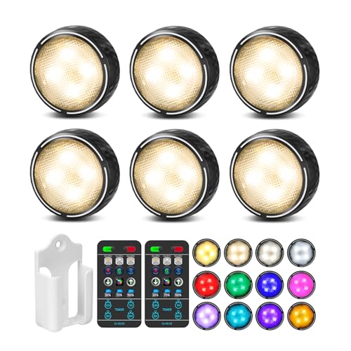 LED Puck Lights with Remote Control, Battery Operated Wireless Closet Light, Under Cabinet Lighting Stick on Tap Push Lights, Color Changing Under Counter Light for Kitchen, 6 Pack - Black