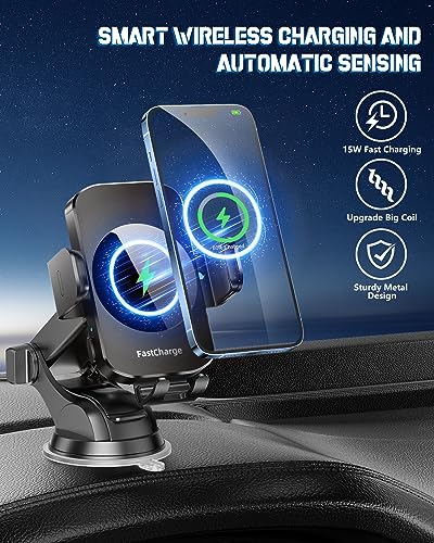 3-in-1 Wireless Car Charger Mount, 15W Fast Charging Auto-Clamping Phone Holder for iPhone 17 16 15 14, Samsung Galaxy S24 S23, Dashboard, Vent & Windshield Car Mount(Black)