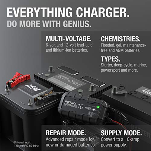 NOCO GENIUS10: 10A 6V/12V Smart Battery Charger – Automatic Maintainer, Trickle Charger & Desulfator with Overcharge Protection & Temperature Compensation – for Lead-Acid & Lithium Batteries