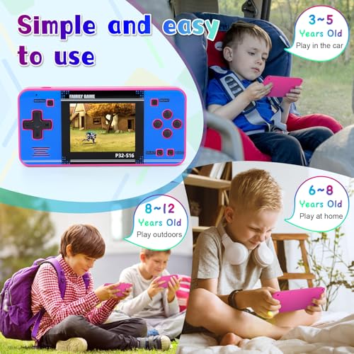 Handheld Game for Kids ，Built-in 220 32-bit Video Games, 3.0” IPS Screen, Rechargeable Portable Game , Travel Mini Arcade Electronic Toys Gift for Boys and Girls (Pink+Blue)