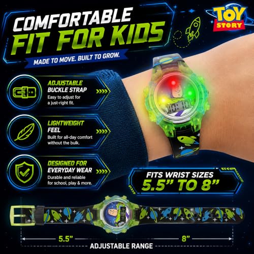 Disney Pixar Toy Story 4 Buzz Lightyear Kids Flashing LCD Watch with Colorful Light-Up Dial, Durable Case, Space-Themed Strap – Perfect for Ages 4+ Boys and Girls – Fits Wrists 5.5" to 8"