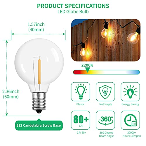 Meconard G40 1.57 Inch Led Replacement Light Bulbs, E12 Screw Base Shatterproof LED Small Globe Light Bulbs for Outdoor String Lights, 1Watt Equvalent to 5 Watt Incandescent Bulbs, Warm White, 25Pack